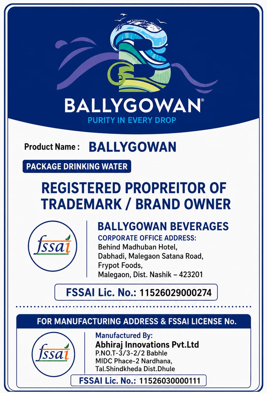 Ballygowan Product Label — 1000ml Packaged Drinking Water